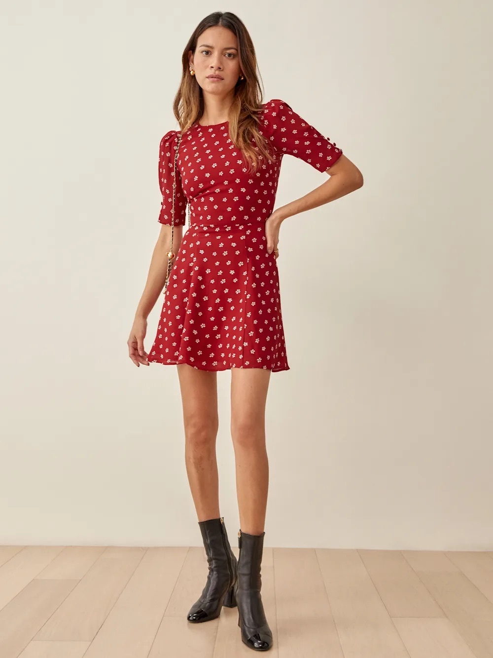 Reformation Bard Crepe Mini Dress in Red and White Floral Print